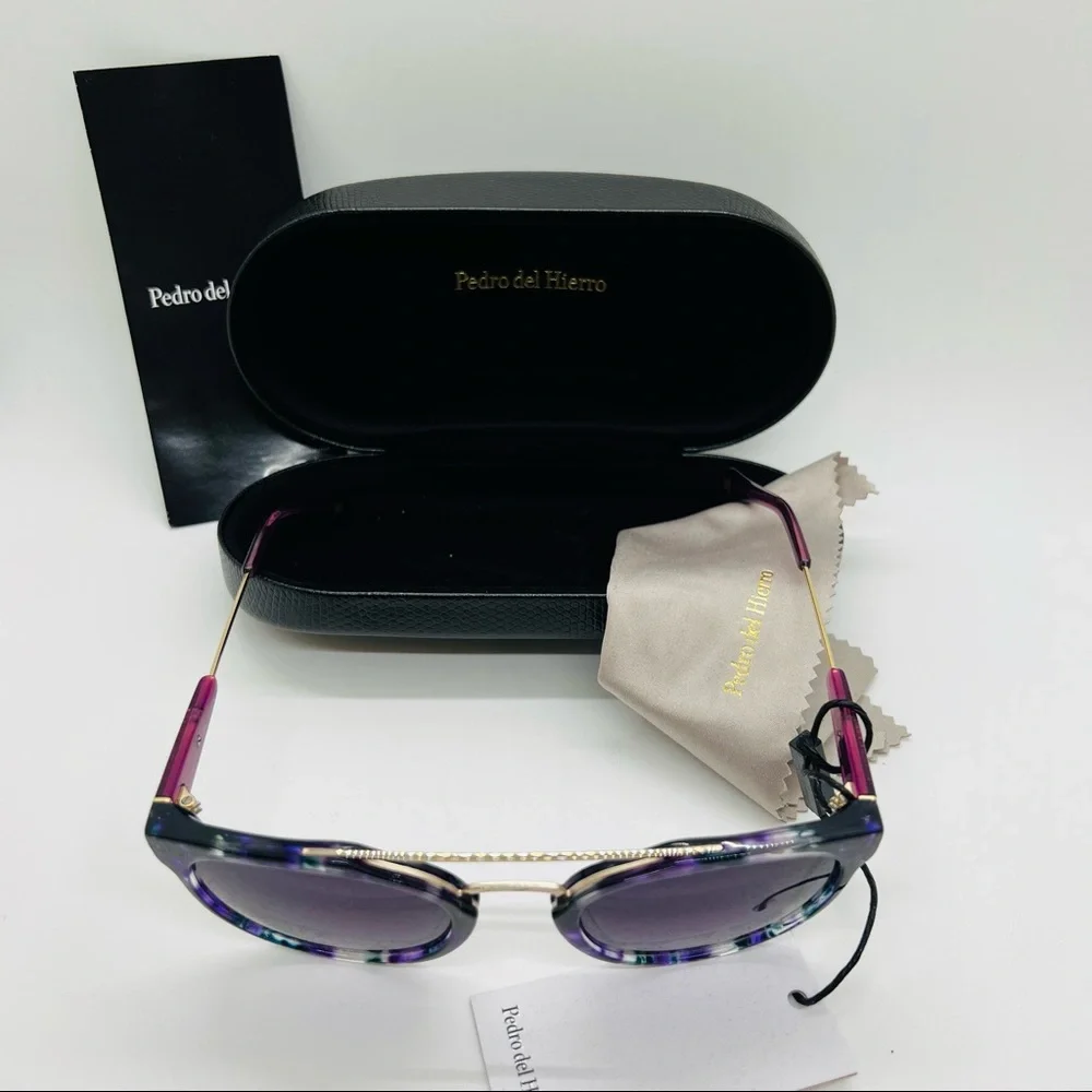 NWT Pedro del Hierro Round Sunglasses w/ Case and Dust Cloth. Purple and Gold.